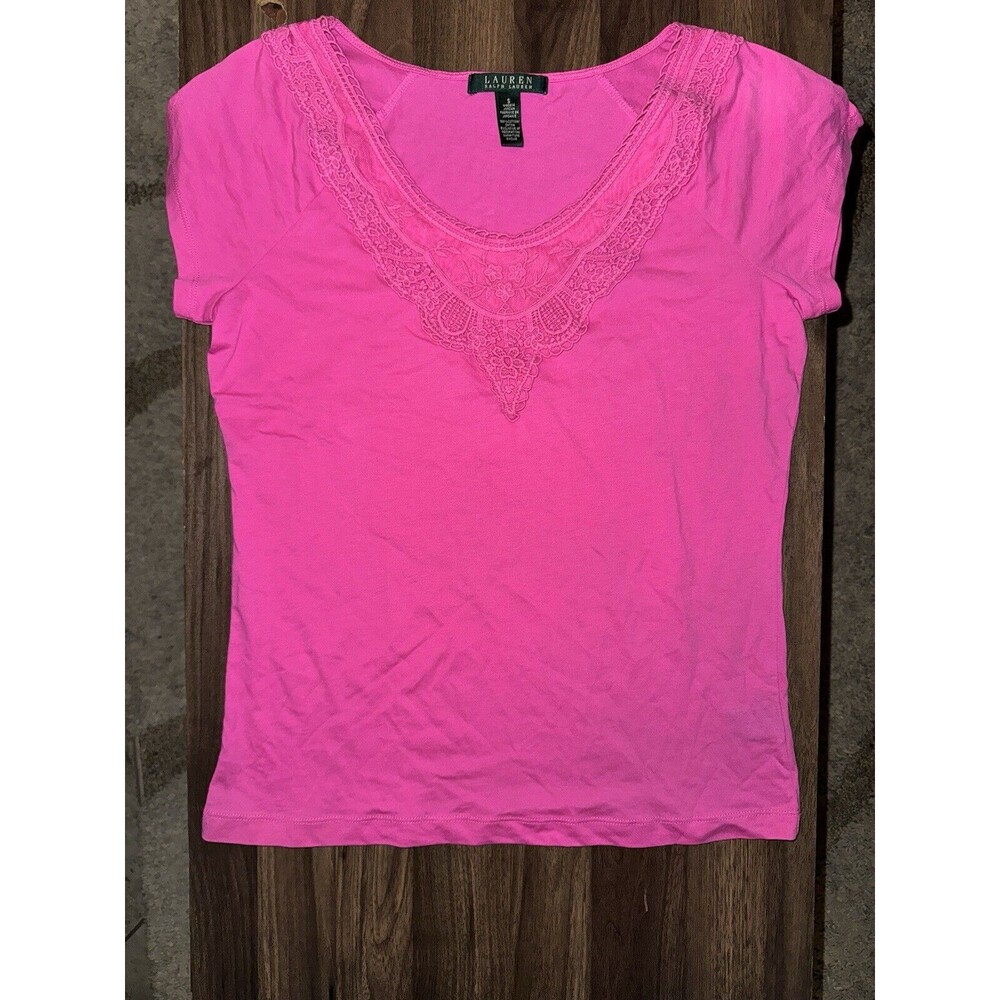Ralph Lauren Pink Short Sleeve Lace V-Neck 100% Cotton Top Small NWOT